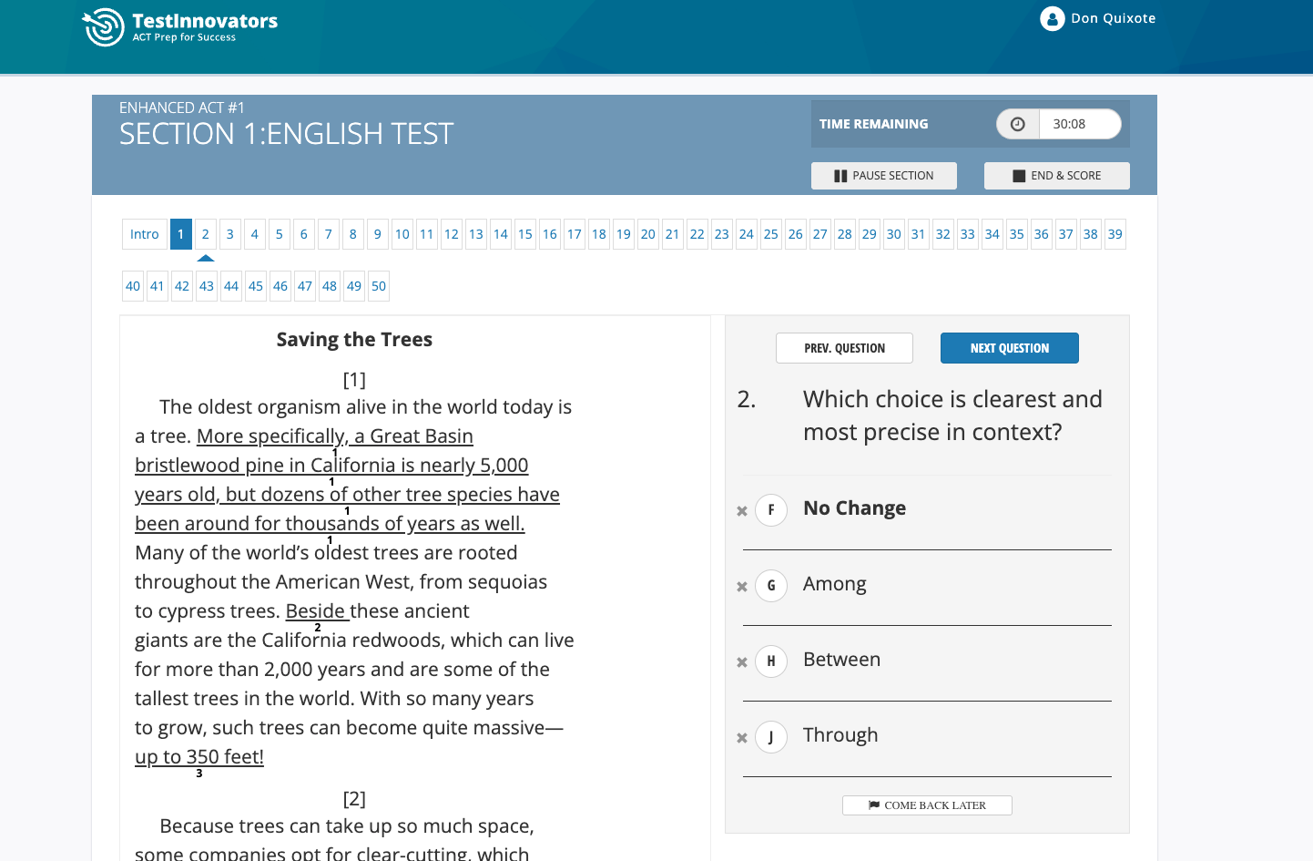 A sample ACT English question from a Test Innovators practice test showing a passage and multiple-choice revision question.