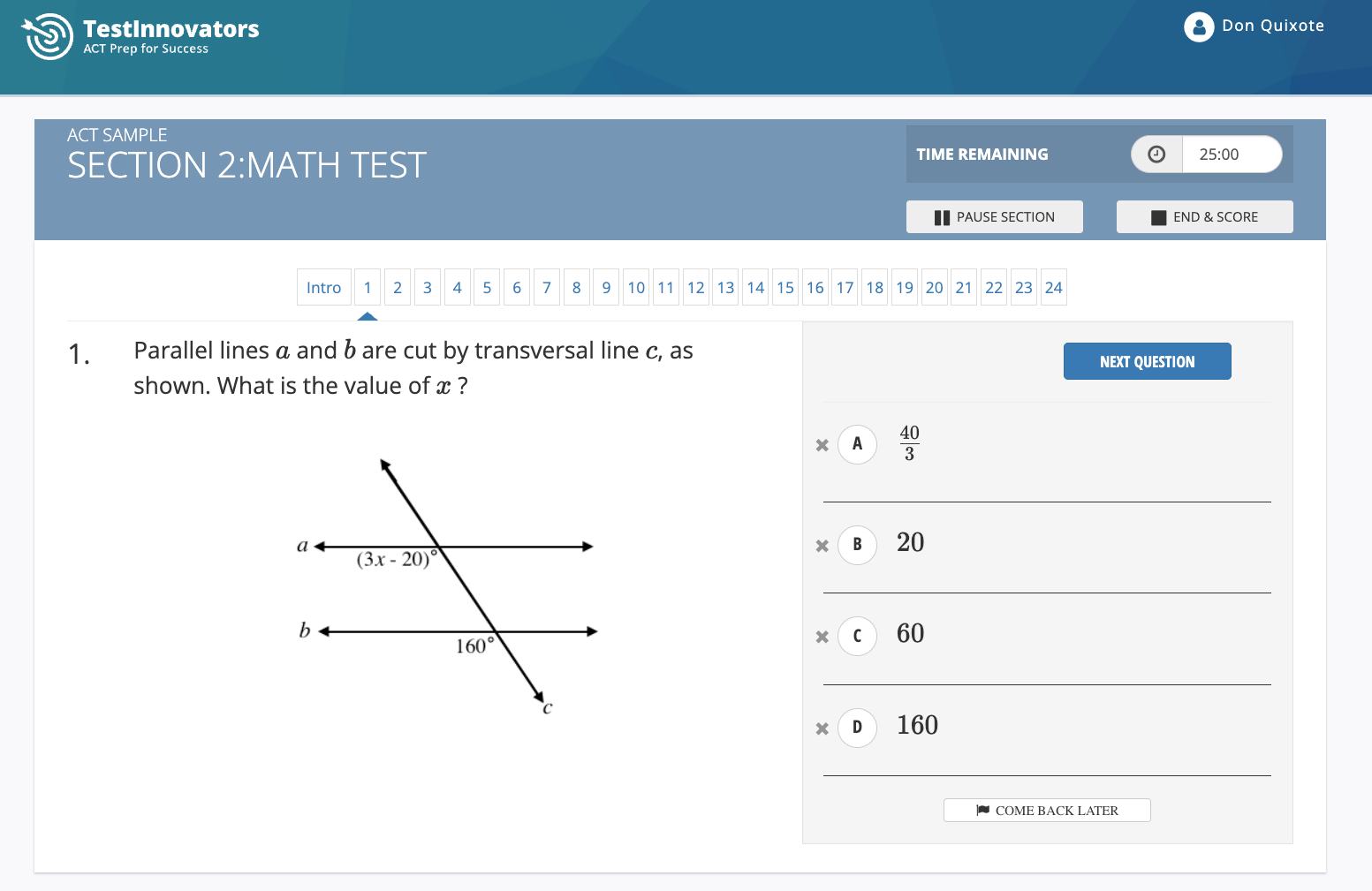 Example of an ACT Math question from Test Innovators' free sample test.
