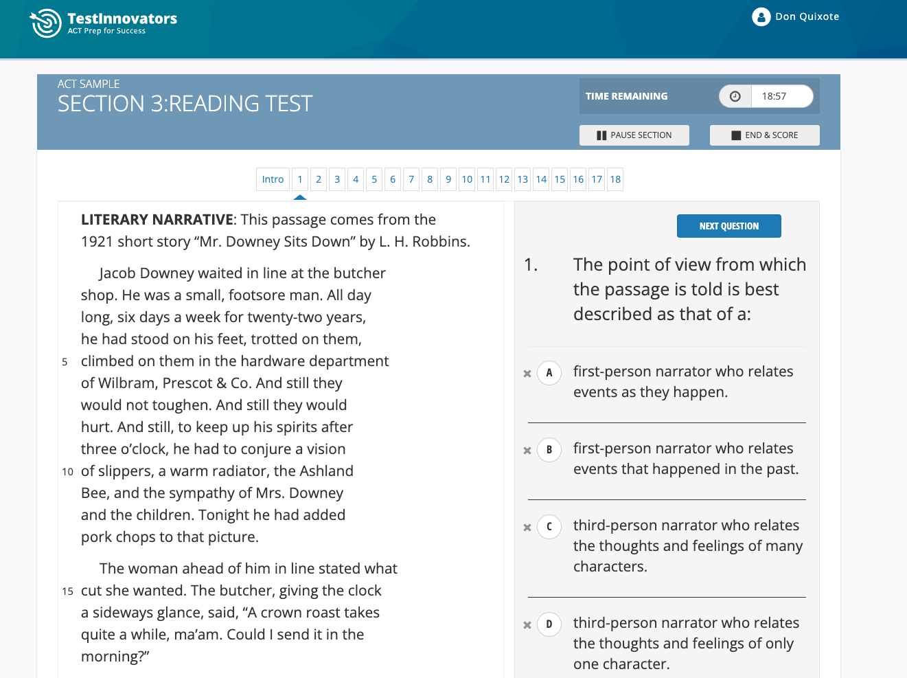 Example of an ACT Reading Test question from Test Innovators' free sample test.