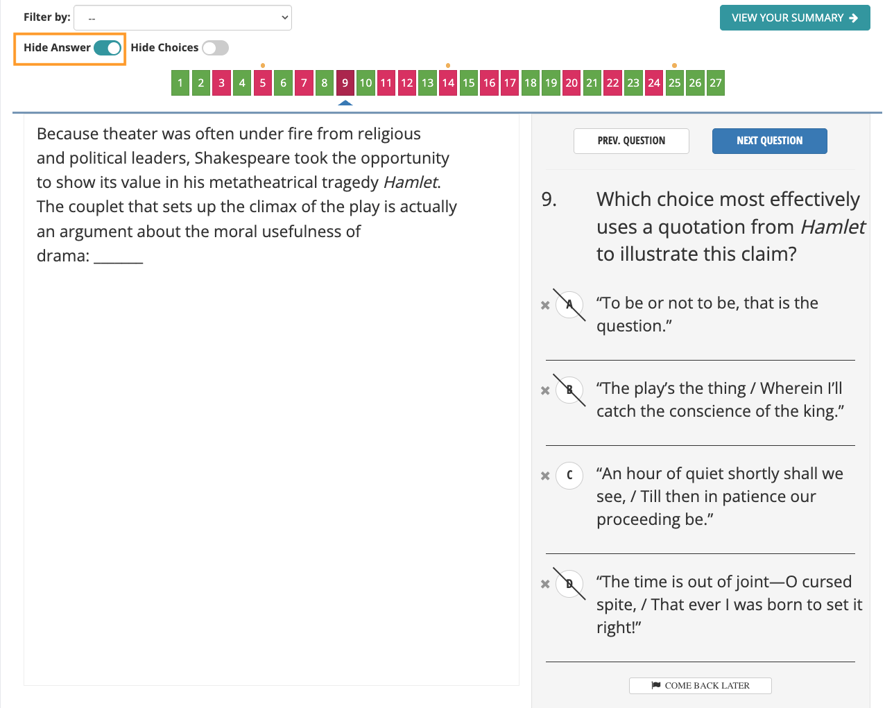 Test Innovators lets you hide the answers when you review a practice test.
