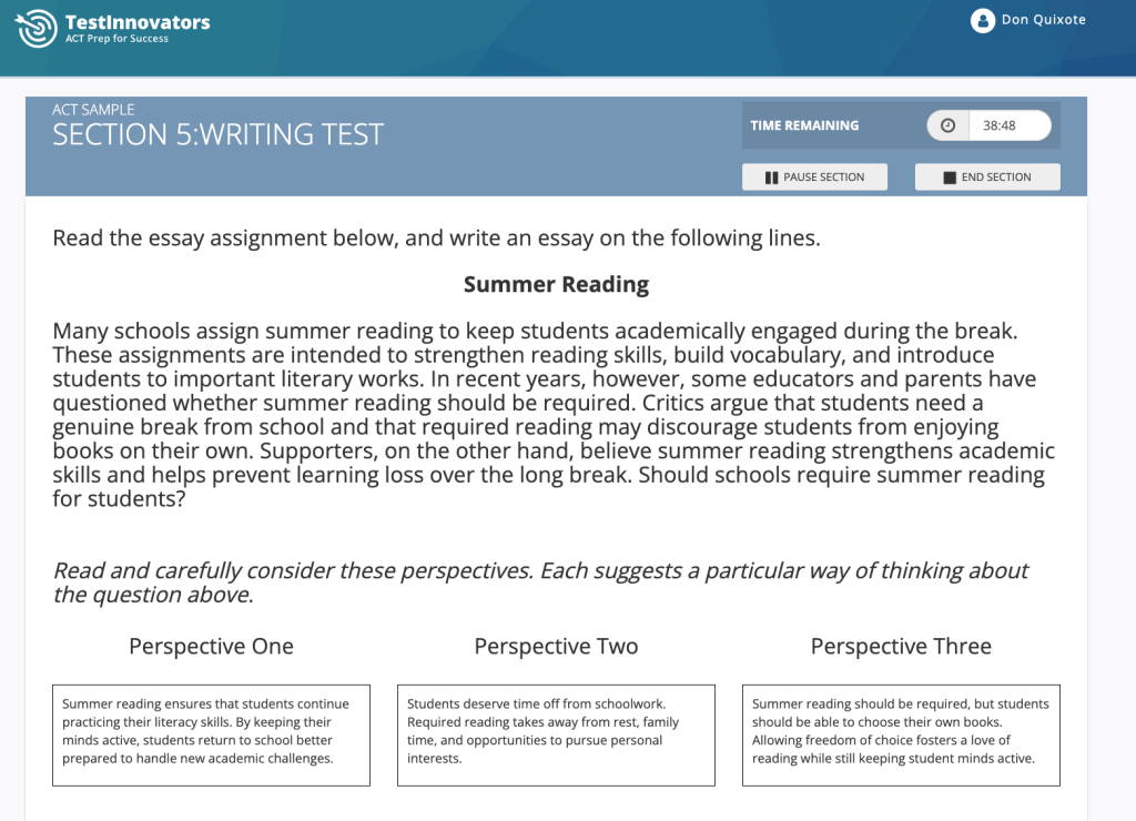 Sample ACT writing prompt from Test Innovators' free sample test.