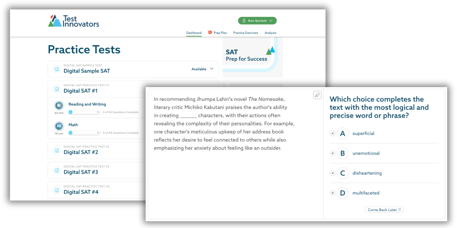 Test Innovators SAT dashboard and practice test question