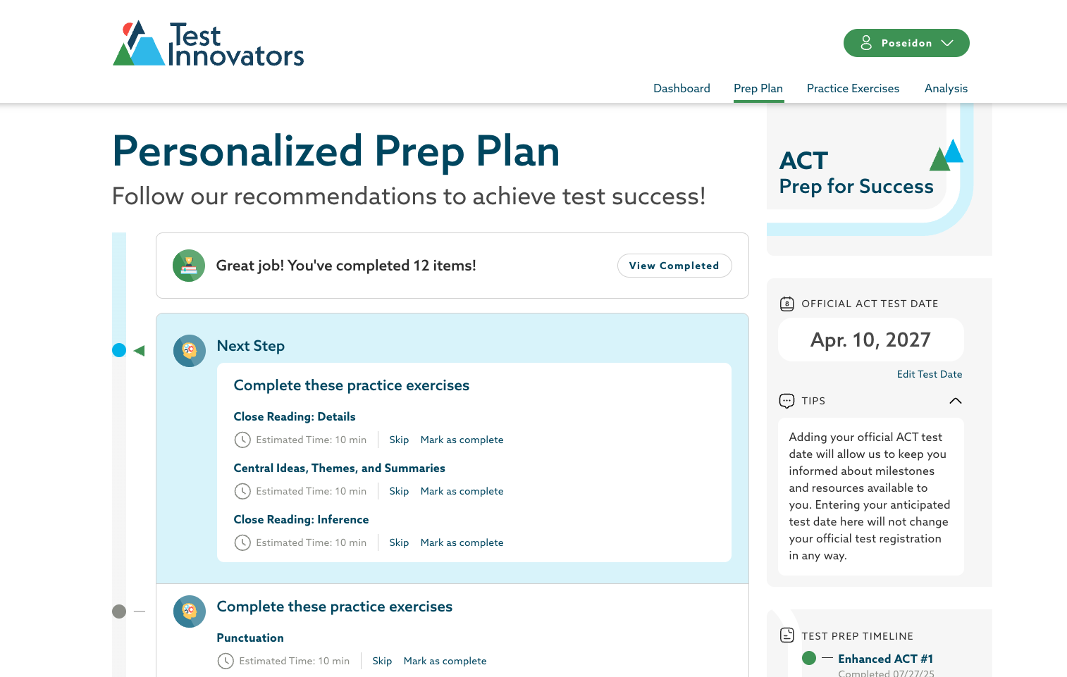 Test Innovators practice for ACT Test. Personalized Prep Plan.